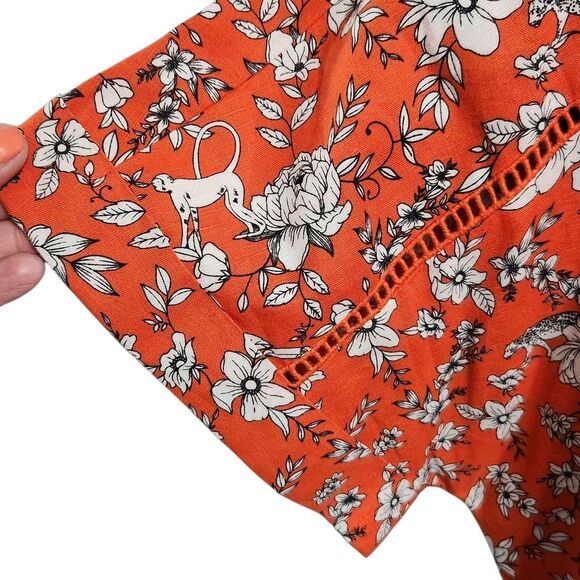 Charter Club Linen Blouse XL Orange Floral Blend Front Tie Cottagecore - Picture 5 of 10